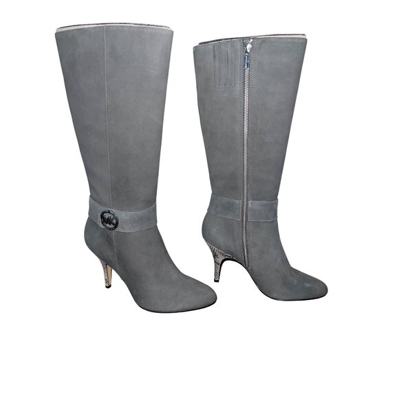 NIB Michael Kors Caroline Boots 9M Dark Slate Suede Leather Knee High MK Logo - Picture 6 of 14